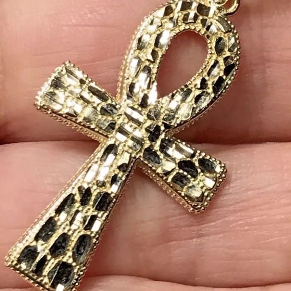 Solid 10K Gold Ankh Diamond Cut Nugget Pendant NEW